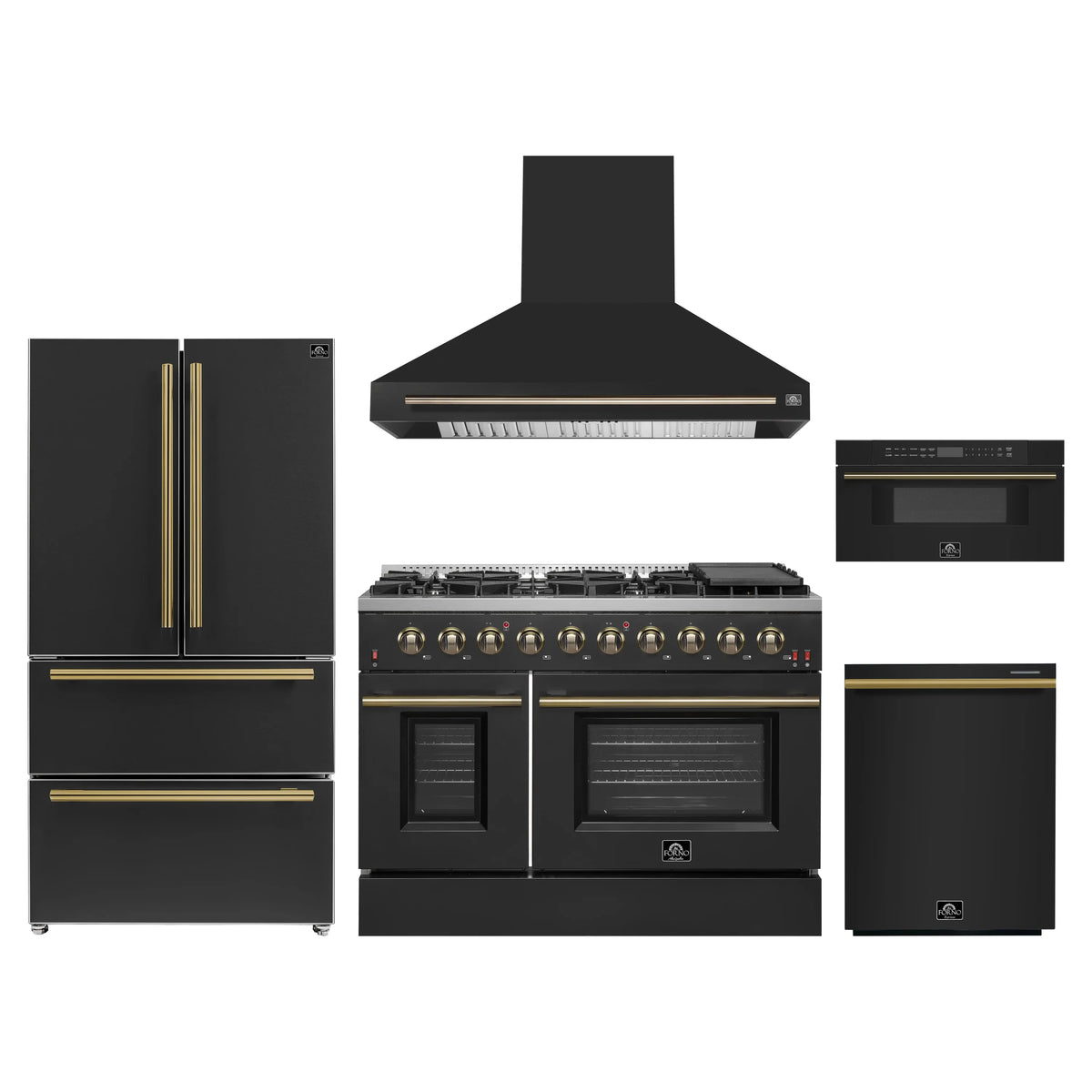 Forno 5-Piece Appliance Package - 48-Inch Gas Range, Wall Mount Range Hood, 36-Inch Refrigerator, Dishwasher, and 30-Inch Microwave Drawer in Black with Antique Brass Trim