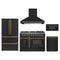 Forno 5-Piece Appliance Package - 48-Inch Gas Range, Wall Mount Range Hood, 36-Inch Refrigerator, Dishwasher, and 30-Inch Microwave Drawer in Black with Antique Brass Trim