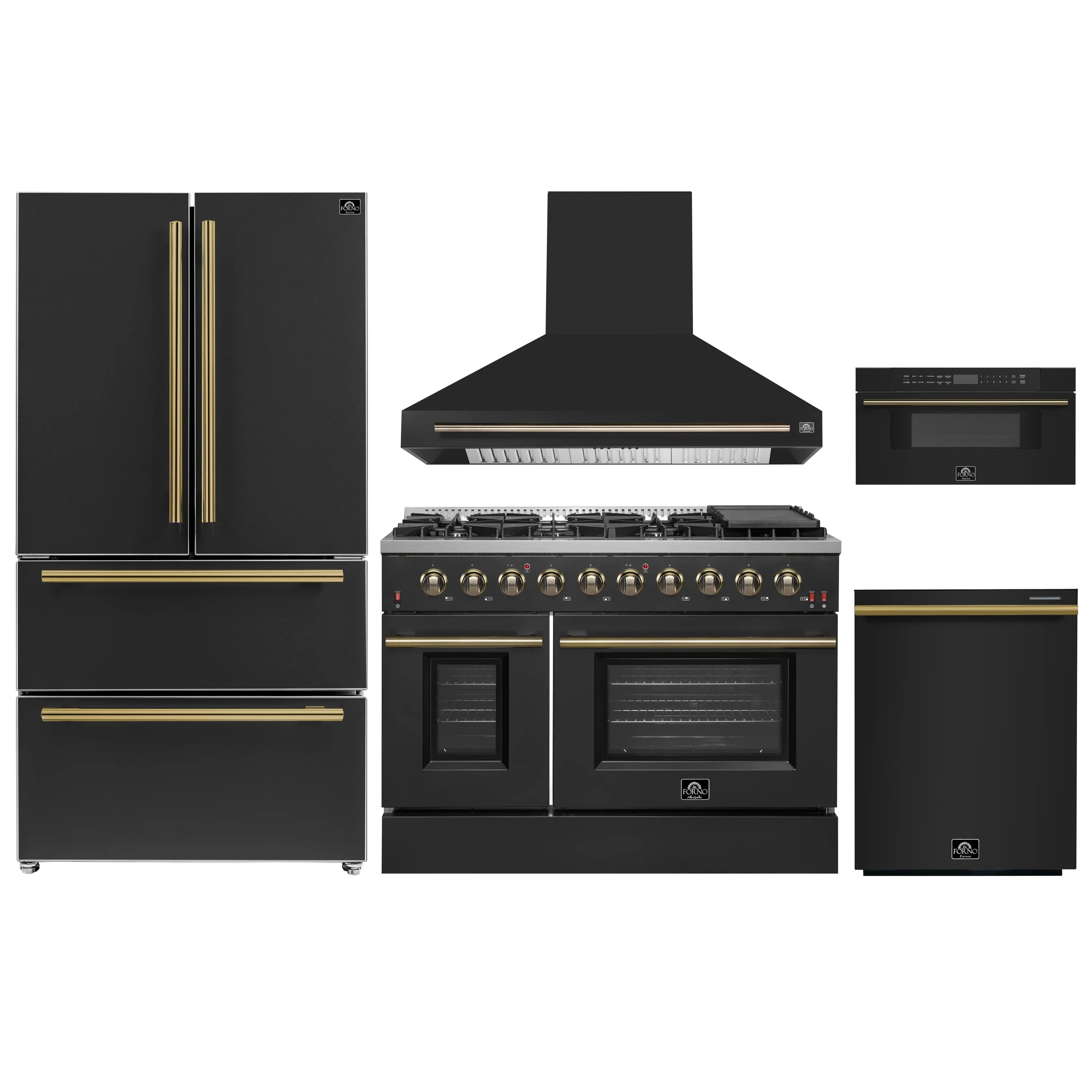 Black kitchen appliance set with brass accents: range, hood, fridge, dishwasher, microwave