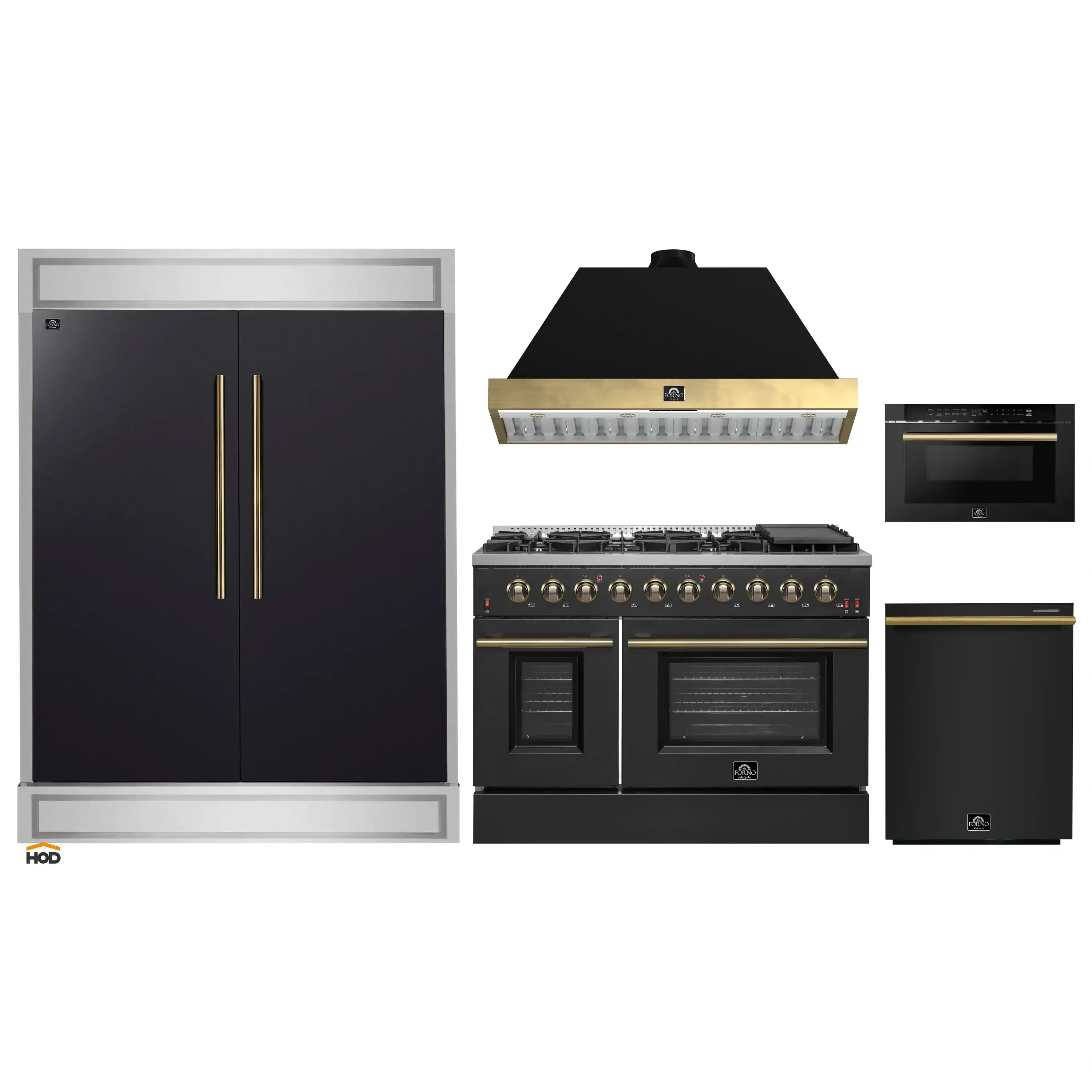 Black appliance set with antique brass trim: refrigerator, gas range, dishwasher, microwave