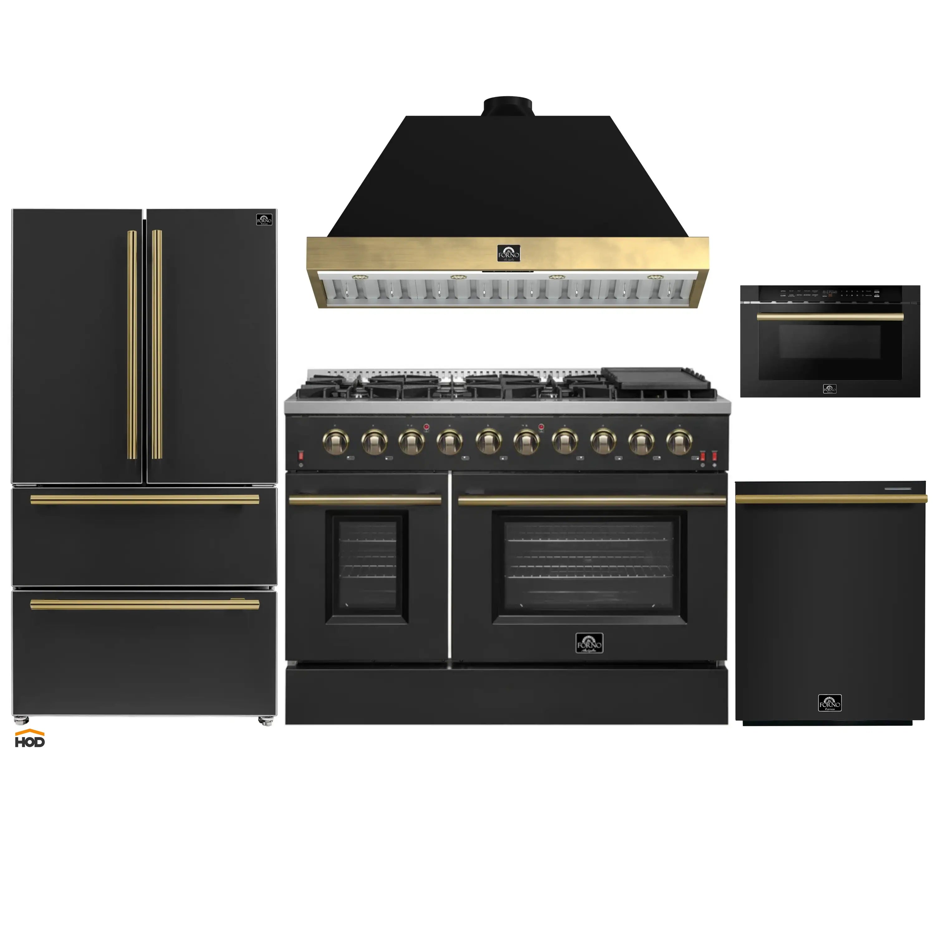 5-piece black appliance package with antique brass trim: range, hood, fridge, dishwasher, microwave