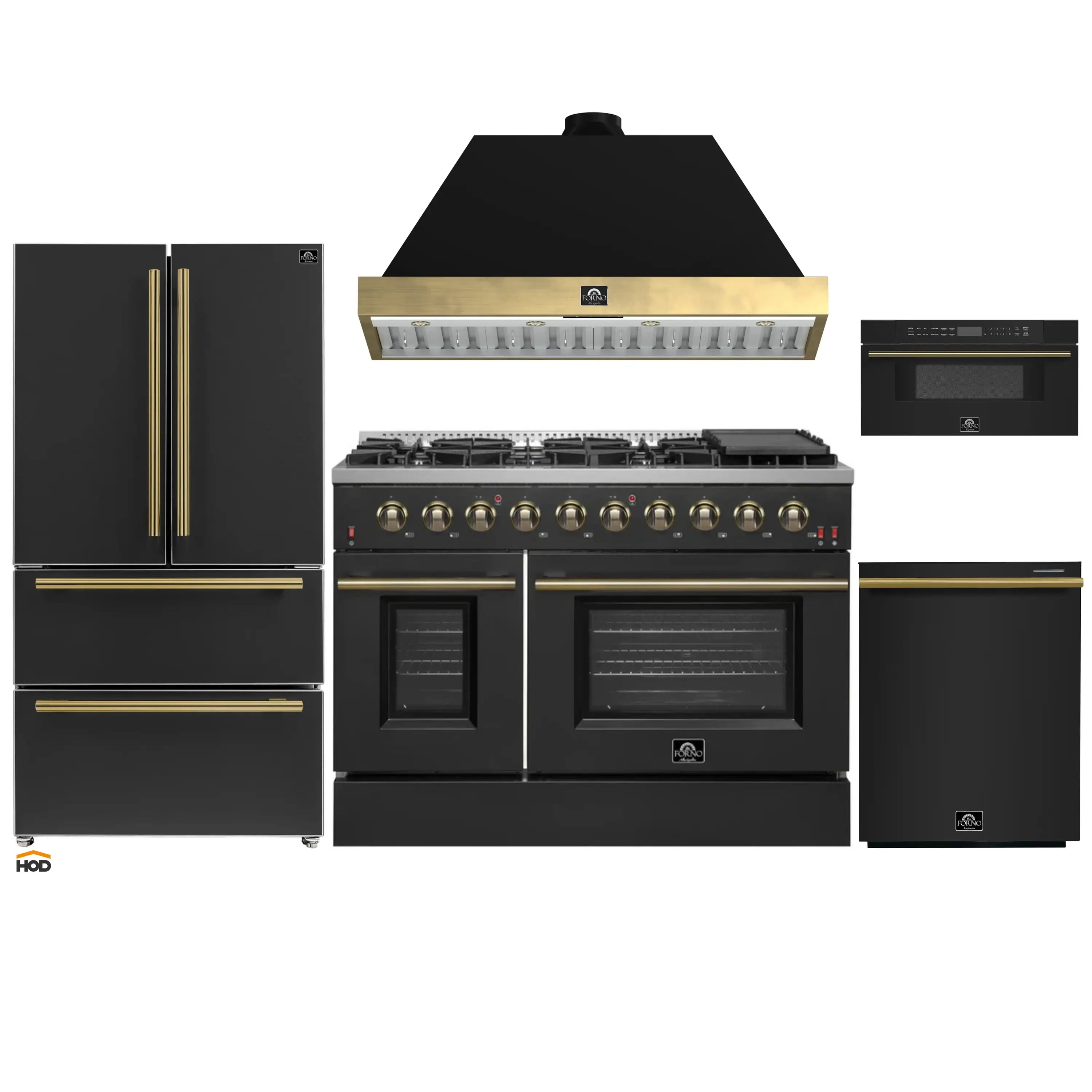 Black 5-piece appliance package with antique brass accents: range, hood, fridge, dishwasher
