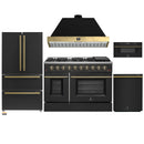 Forno Galiano 5-Piece Appliance Package - 48-Inch Gas Range, 48-Inch Hood, 36-Inch Refrigerator, 24-Inch Dishwasher, & 30-Inch Microwave Drawer in Black with Antique Brass Trim