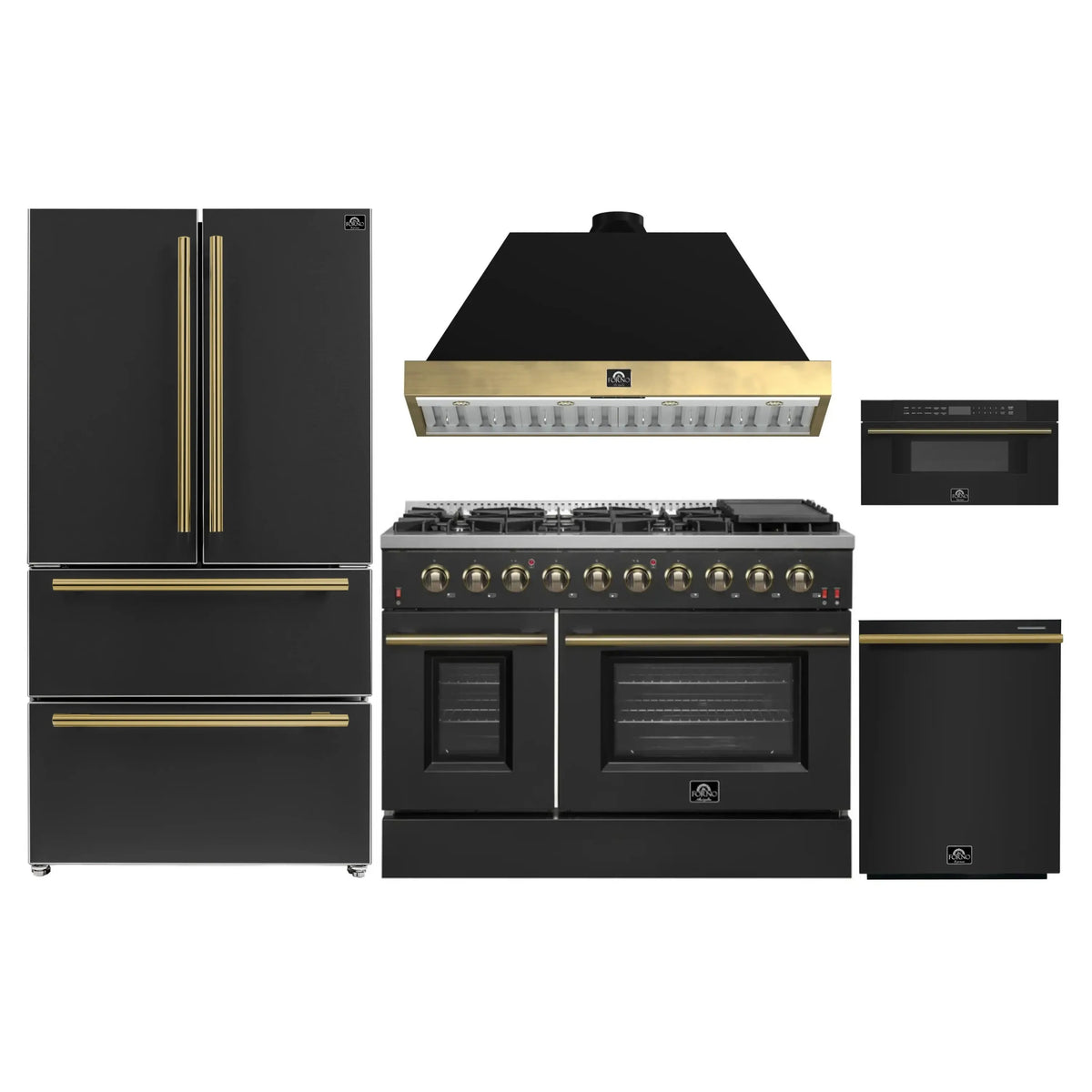 Forno Galiano 5-Piece Appliance Package - 48-Inch Gas Range, 48-Inch Hood, 36-Inch Refrigerator, 24-Inch Dishwasher, & 30-Inch Microwave Drawer in Black with Antique Brass Trim