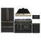 Forno Galiano 5-Piece Appliance Package - 48-Inch Gas Range, 48-Inch Hood, 36-Inch Refrigerator, 24-Inch Dishwasher, & 30-Inch Microwave Drawer in Black with Antique Brass Trim