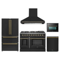 Forno Galiano 5-Piece Appliance Package - 48-Inch Gas Range, 48-Inch Hood, 36-Inch Refrigerator, 24-Inch Dishwasher, & 24-Inch Microwave Oven in Black with Antique Brass Trim