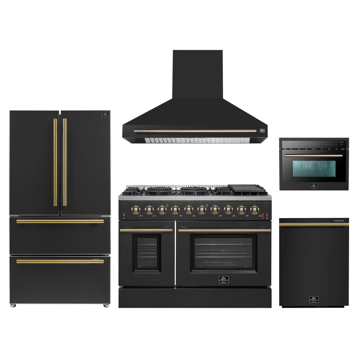 Forno Galiano 5-Piece Appliance Package - 48-Inch Gas Range, 48-Inch Hood, 36-Inch Refrigerator, 24-Inch Dishwasher, & 24-Inch Microwave Oven in Black with Antique Brass Trim