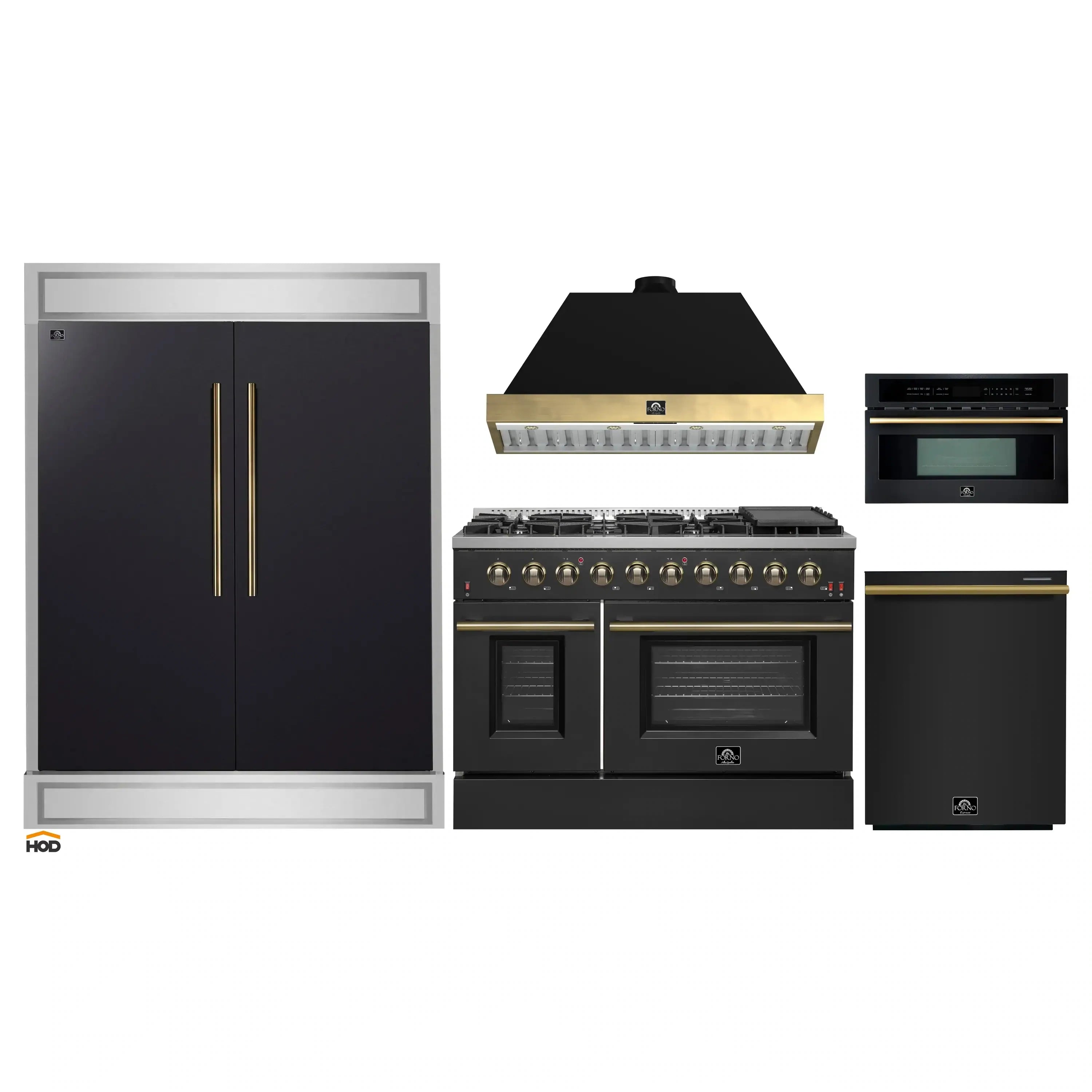 Black kitchen appliance bundle with refrigerator, gas range, and microwave