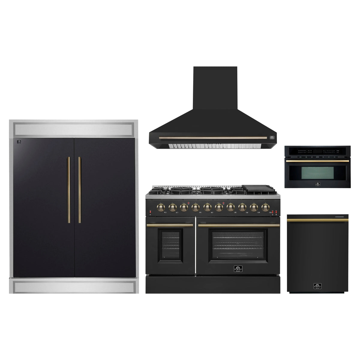 Forno 5-Piece Appliance Package - 48-Inch Gas Range, Hood, 60-Inch Convertible Refrigerator with Modern Trim, Dishwasher, and 30-Inch Microwave Oven in Black with Antique Brass Trim