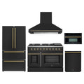 Forno Galiano 5-Piece Appliance Package - 48-Inch Gas Range, 48-Inch Hood, 36-Inch Refrigerator, 24-Inch Dishwasher, & 30-Inch Microwave Oven in Black with Antique Brass Trim