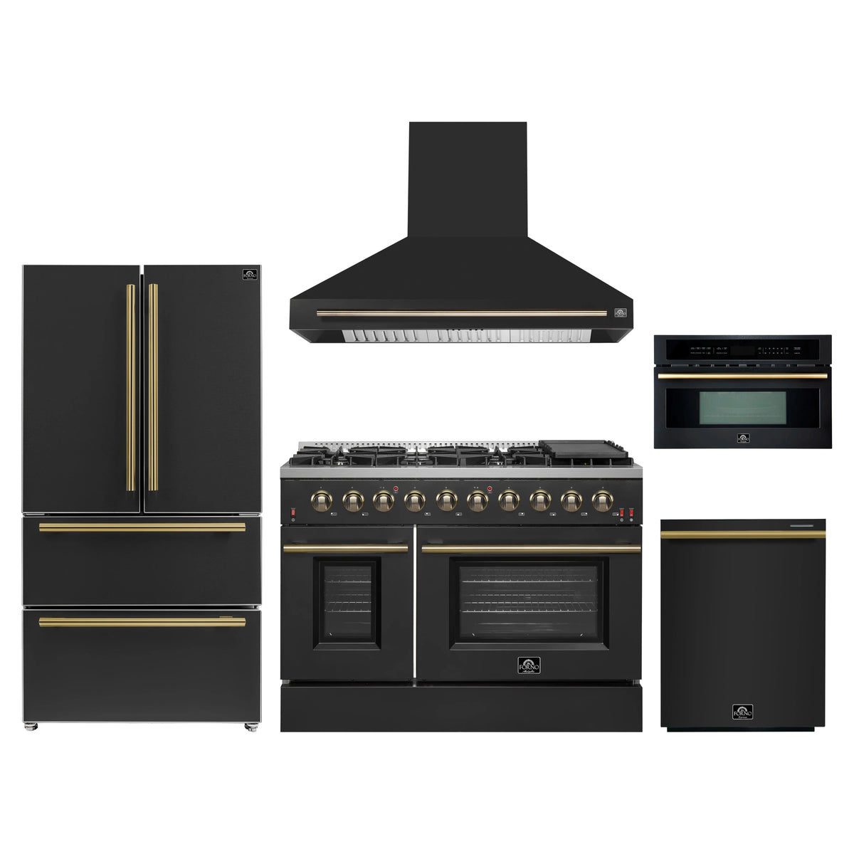 Forno Galiano 5-Piece Appliance Package - 48-Inch Gas Range, 48-Inch Hood, 36-Inch Refrigerator, 24-Inch Dishwasher, & 30-Inch Microwave Oven in Black with Antique Brass Trim