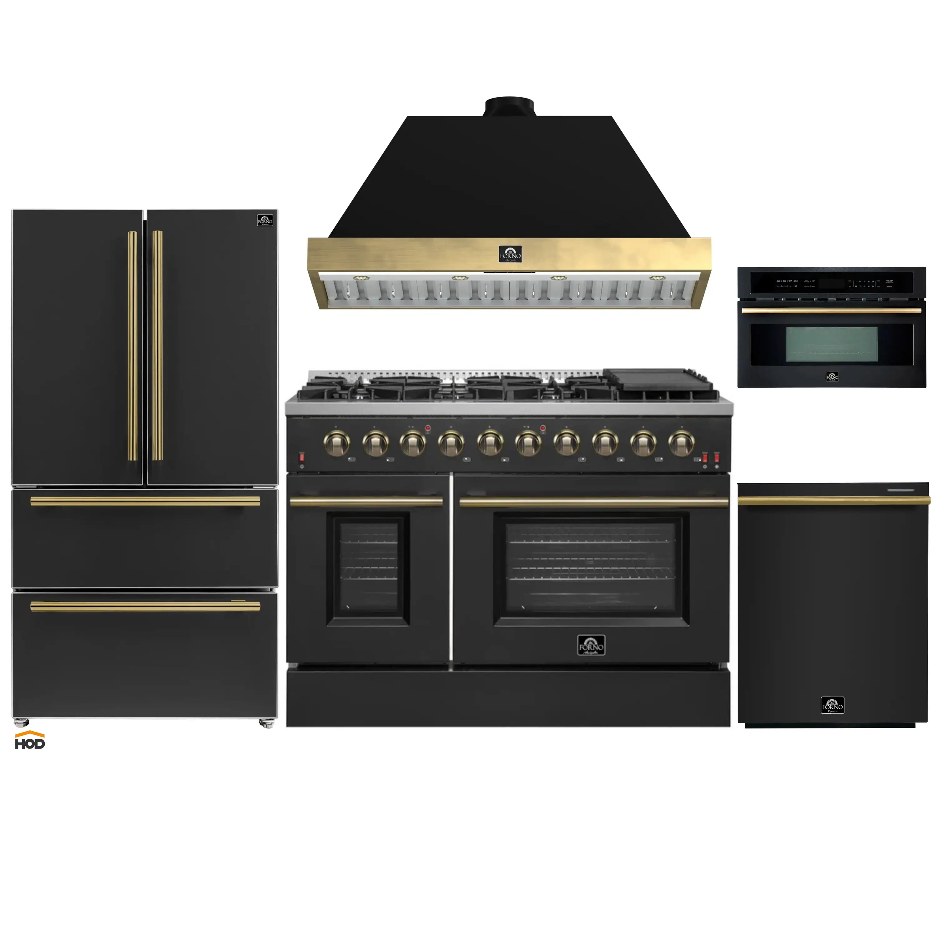 Black appliance package with antique brass trim: gas range, hood, refrigerator, dishwasher, microwave