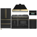 Forno Galiano 5-Piece Appliance Package - 48-Inch Gas Range, 48-Inch Hood, 36-Inch Refrigerator, 24-Inch Dishwasher, & 30-Inch Microwave Oven in Black with Antique Brass Trim