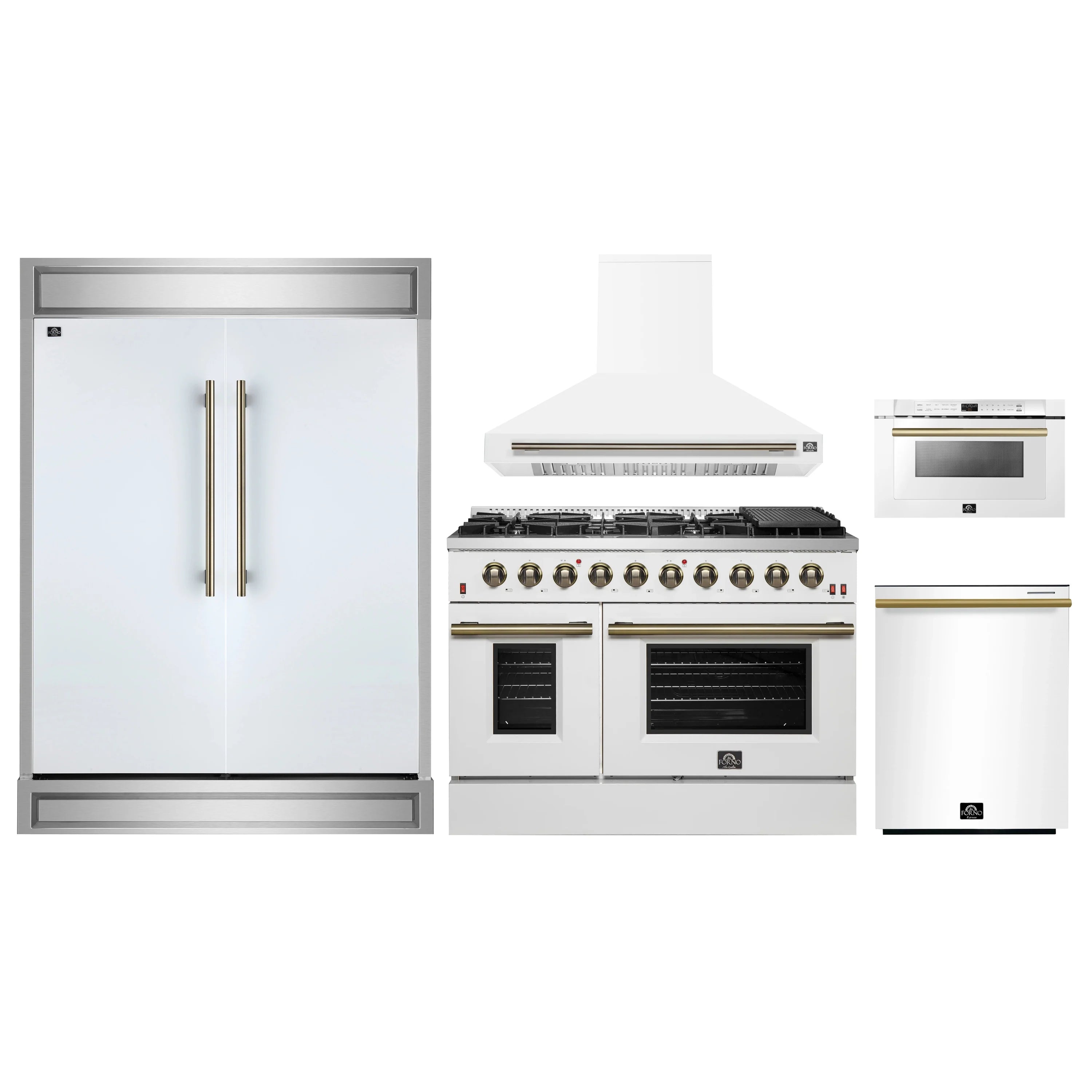 White kitchen appliance set featuring gas range, hood, fridge, and microwave drawer
