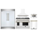 Forno 5-Piece Appliance Package - 48-Inch Gas Range, Wall Mount Range Hood, 60-Inch Refrigerator, Dishwasher, and 24-Inch Microwave Drawer in White with Antique Brass Handle