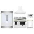 Forno 5-Piece Appliance Package - 48-Inch Gas Range, Wall Mount Range Hood, 60-Inch Refrigerator, Dishwasher, and 24-Inch Microwave Drawer in White with Antique Brass Trim