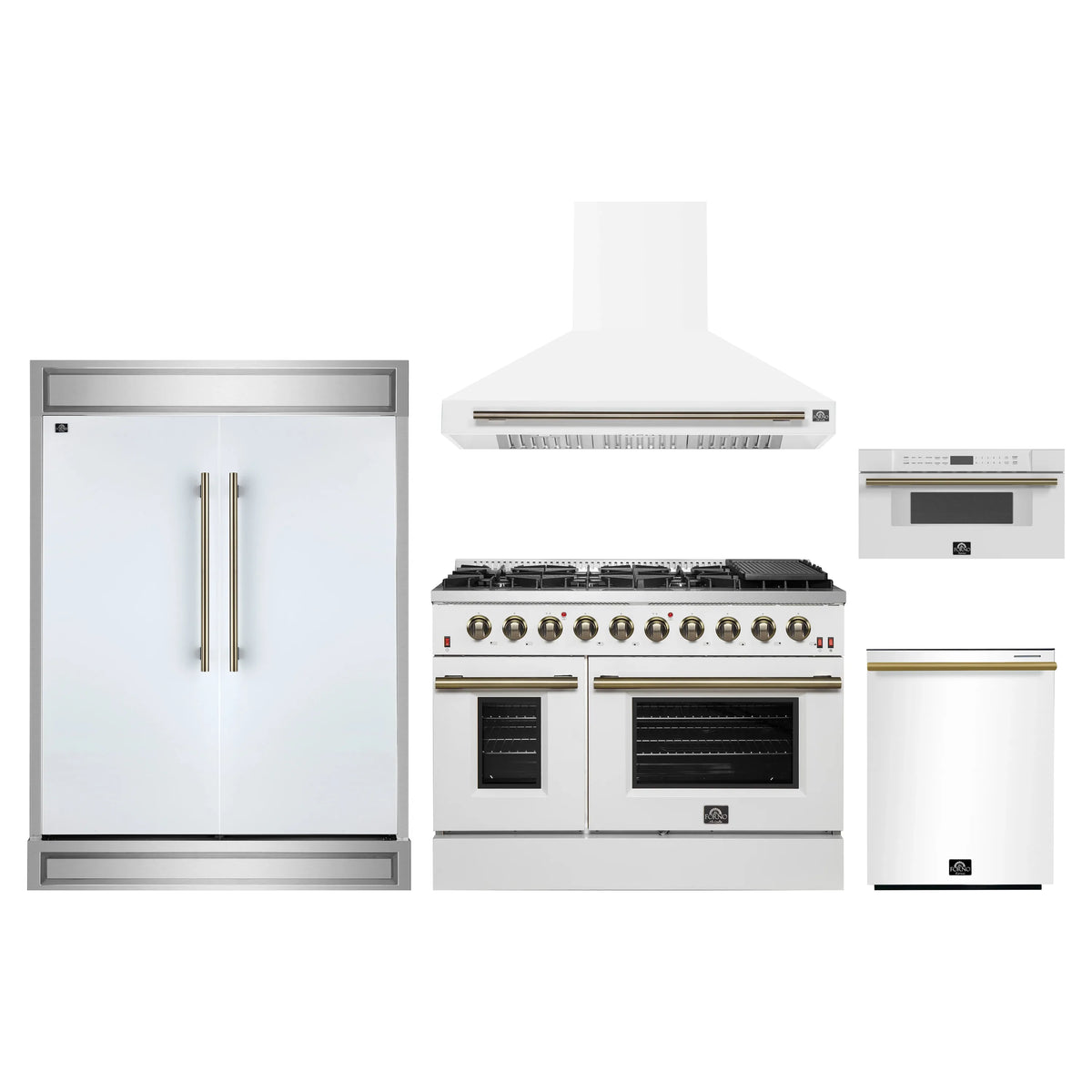 Forno 5-Piece Appliance Package - 48-Inch Gas Range, Wall Mount Range Hood, 60-Inch Refrigerator, Dishwasher, and 30-Inch Microwave Drawer in White with Antique Brass Trim