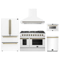 Forno 5-Piece Appliance Package - 48-Inch Gas Range, Wall Mount Range Hood, 36-Inch Refrigerator, Dishwasher, and 24-Inch Microwave Drawer in White with Antique Brass Trim