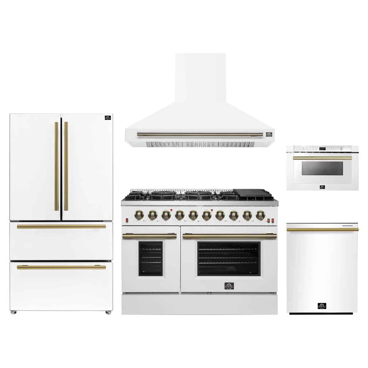 Forno 5-Piece Appliance Package - 48-Inch Gas Range, Wall Mount Range Hood, 36-Inch Refrigerator, Dishwasher, and 24-Inch Microwave Drawer in White with Antique Brass Trim