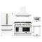 Forno 5-Piece Appliance Package - 48-Inch Gas Range, Wall Mount Range Hood, 36-Inch Refrigerator, Dishwasher, and 24-Inch Microwave Drawer in White with Antique Brass Trim