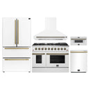 Forno 5-Piece Appliance Package - 48-Inch Gas Range, Wall Mount Range Hood, 36-Inch Refrigerator, Dishwasher, and 30-Inch Microwave Drawer in White with Antique Brass Handle