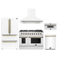Forno 5-Piece Appliance Package - 48-Inch Gas Range, Wall Mount Range Hood, 36-Inch Refrigerator, Dishwasher, and 30-Inch Microwave Drawer in White with Antique Brass Trim