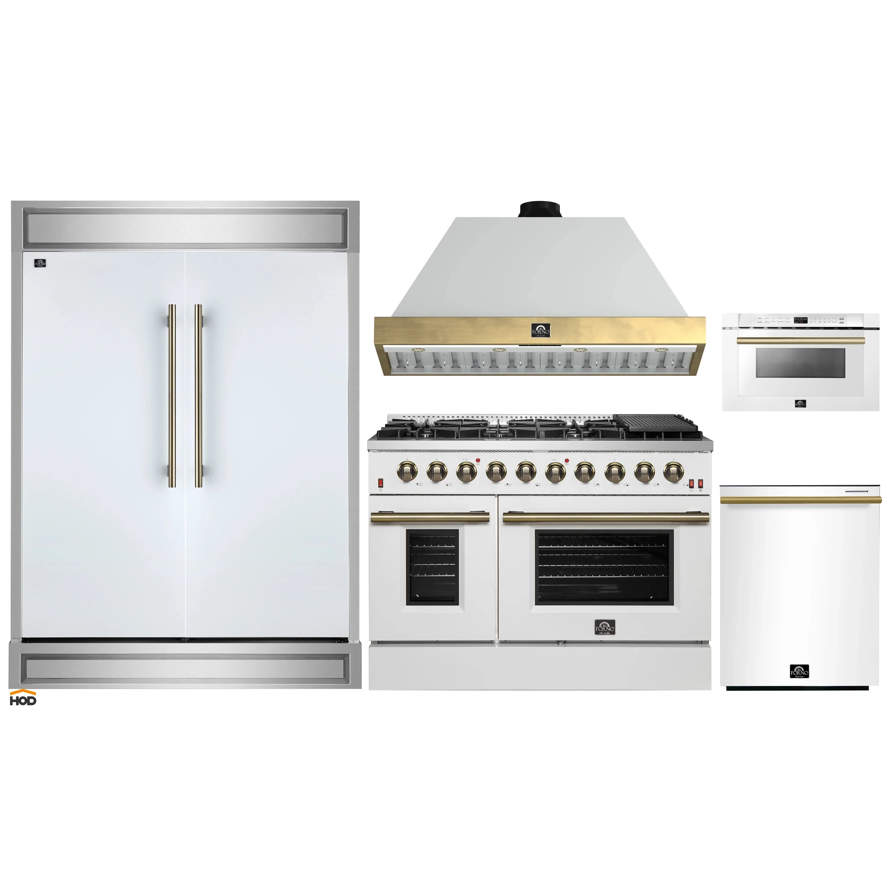 White appliance bundle with refrigerator, gas range, wall hood, dishwasher, and microwave drawer