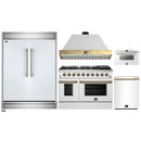 Forno 5-Piece Appliance Package - 48-Inch Gas Range, Wall Mount Range Hood, 60-Inch Refrigerator, Dishwasher, & 24-Inch Microwave Drawer in White with Antique Brass Handle