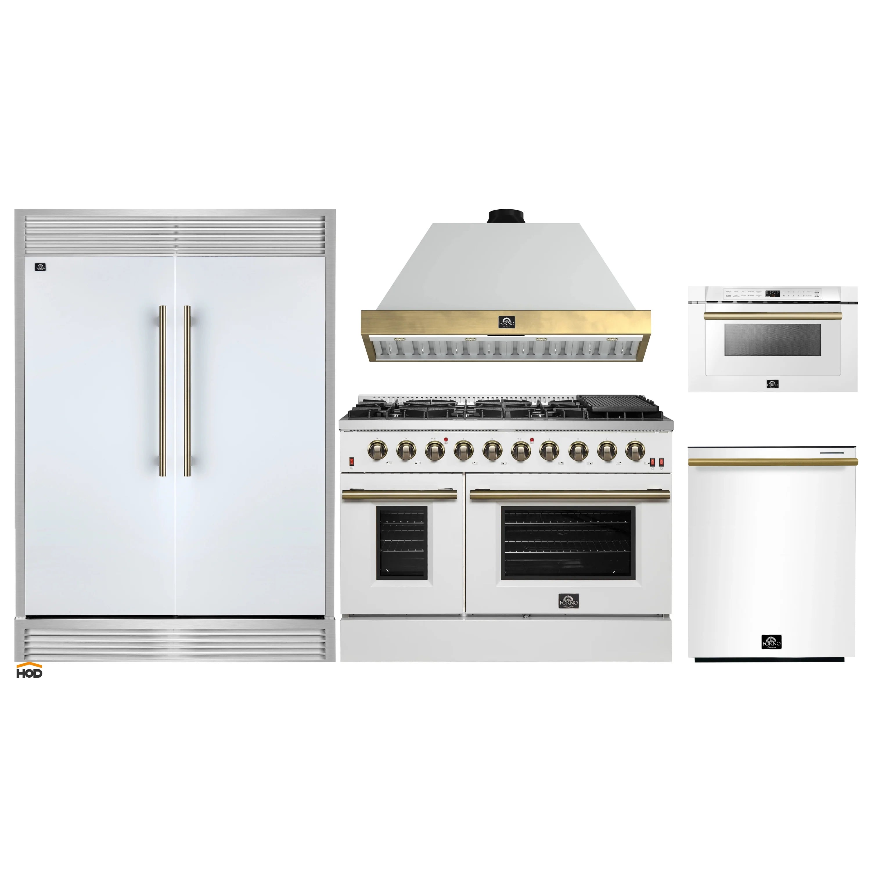 Forno 5-piece white appliance package: gas range, range hood, microwave drawer, fridge, dishwasher