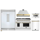 Forno 5-Piece Appliance Package - 48-Inch Galiano Gas Range, Wall Mount Range Hood, 60-Inch Refrigerator, Dishwasher, & 24-Inch Microwave Drawer in White with Antique Brass Handle