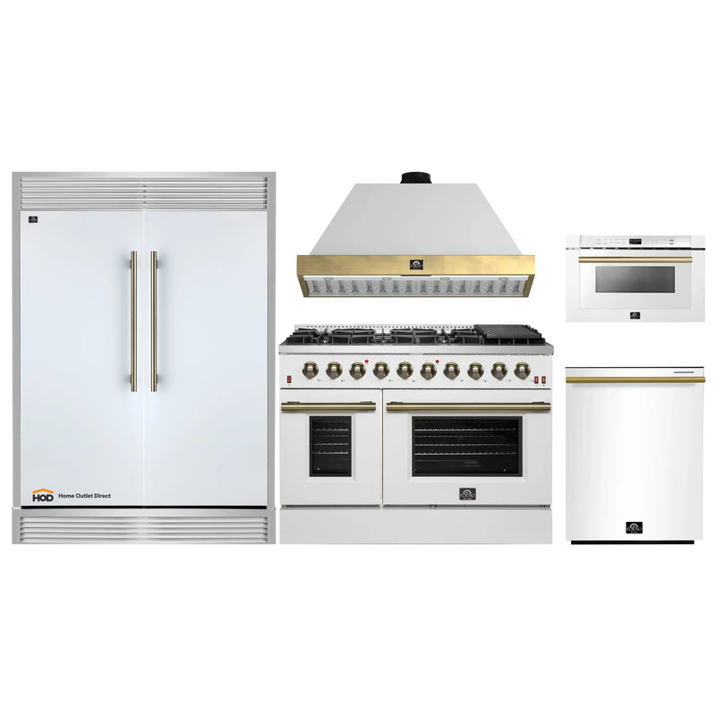 Forno 5-Piece Appliance Package - 48-Inch Galiano Gas Range, Wall Mount Range Hood, 60-Inch Refrigerator, Dishwasher, & 24-Inch Microwave Drawer in White with Antique Brass Handle