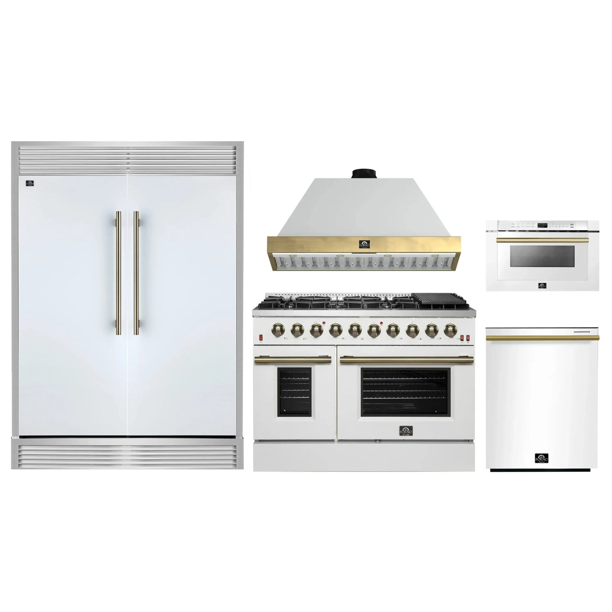 Forno 5-Piece Appliance Package - 48-Inch Galiano Gas Range, Wall Mount Range Hood, 60-Inch Refrigerator, Dishwasher, & 24-Inch Microwave Drawer in White with Antique Brass Trim