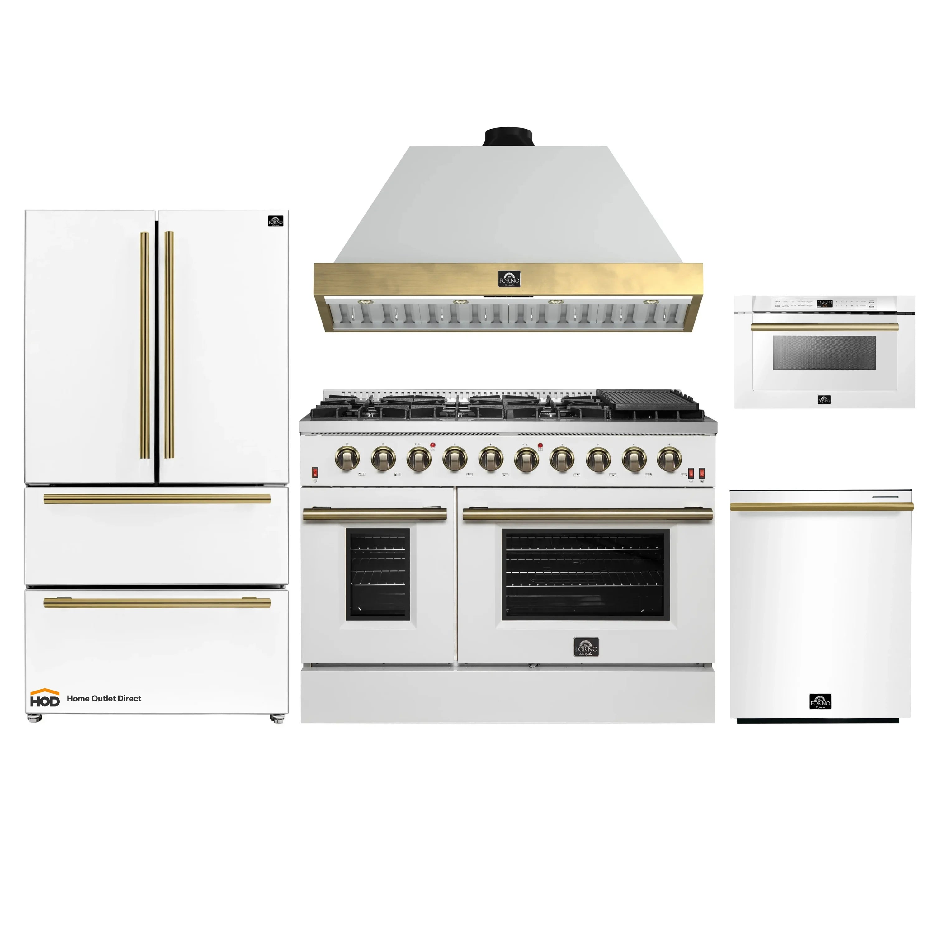 White appliance package with gas range, range hood, refrigerator, dishwasher, microwave
