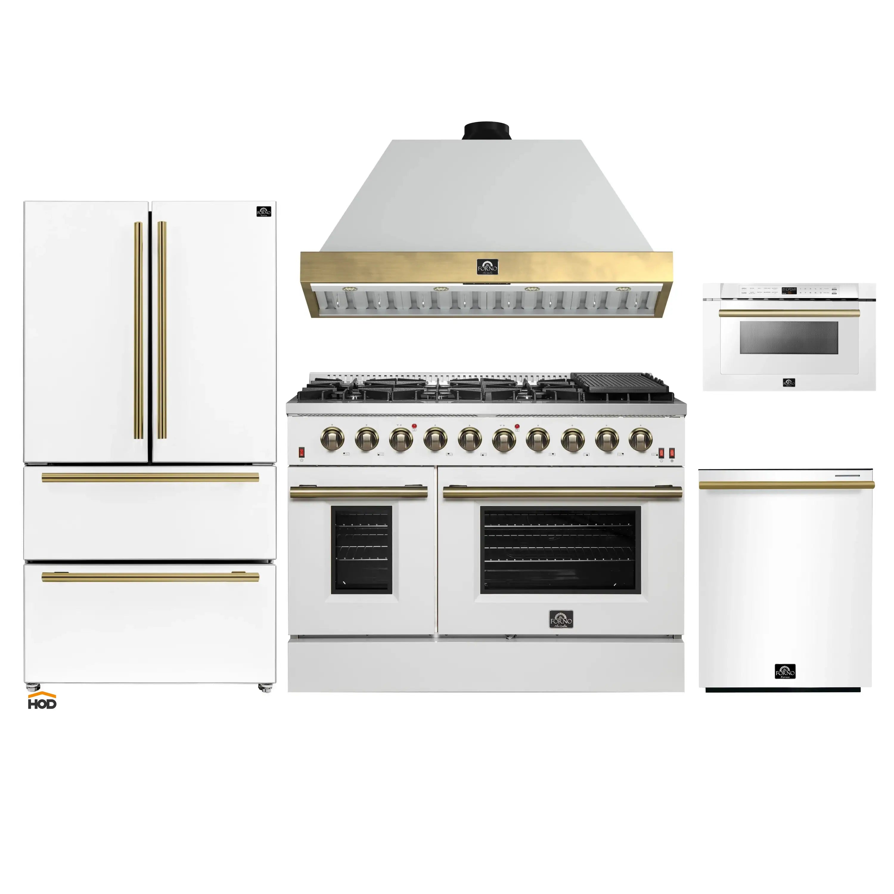 White kitchen appliance package with gas range and hood, plus matching refrigerator