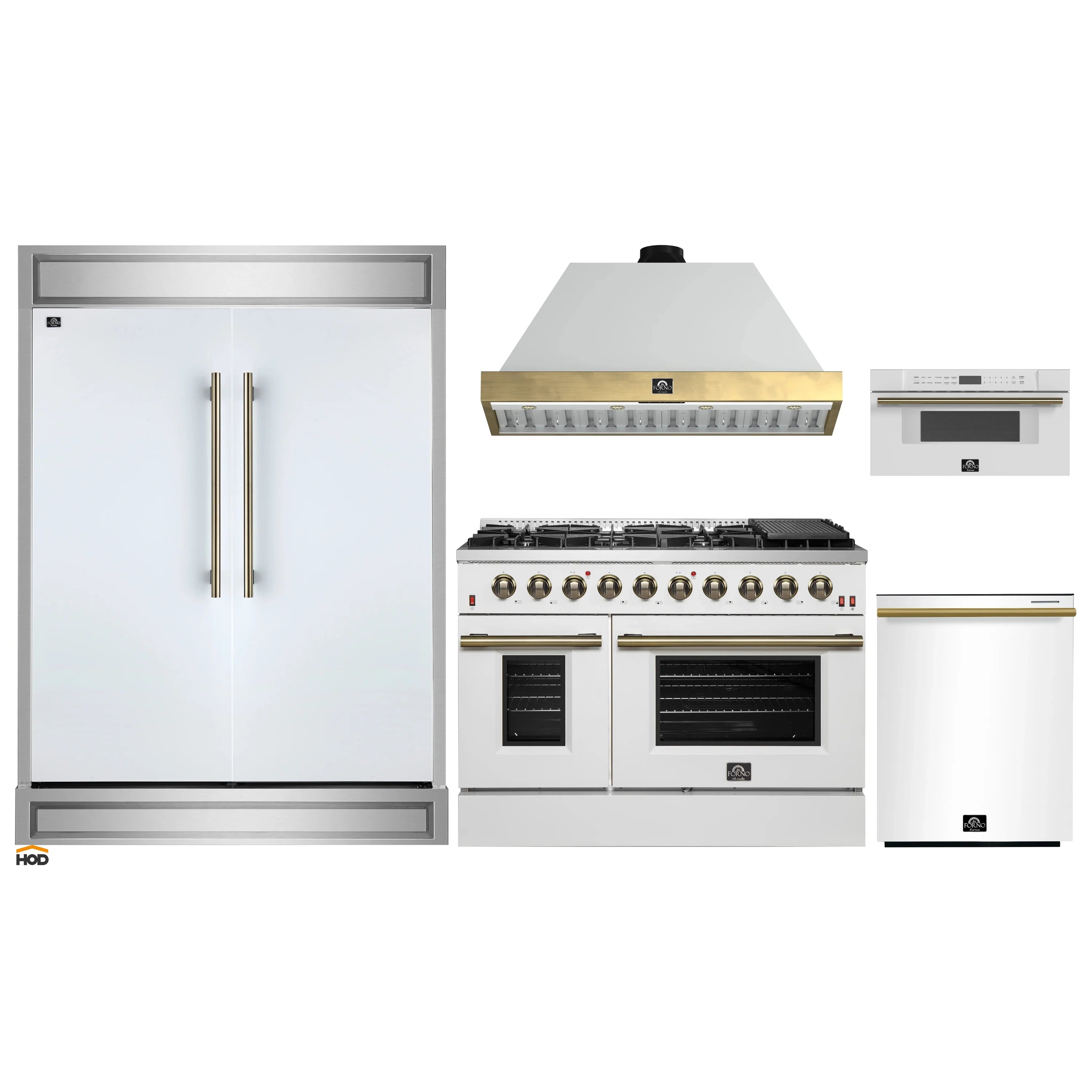 White kitchen appliance package with gas range, wall hood, and microwave drawer, brass accents
