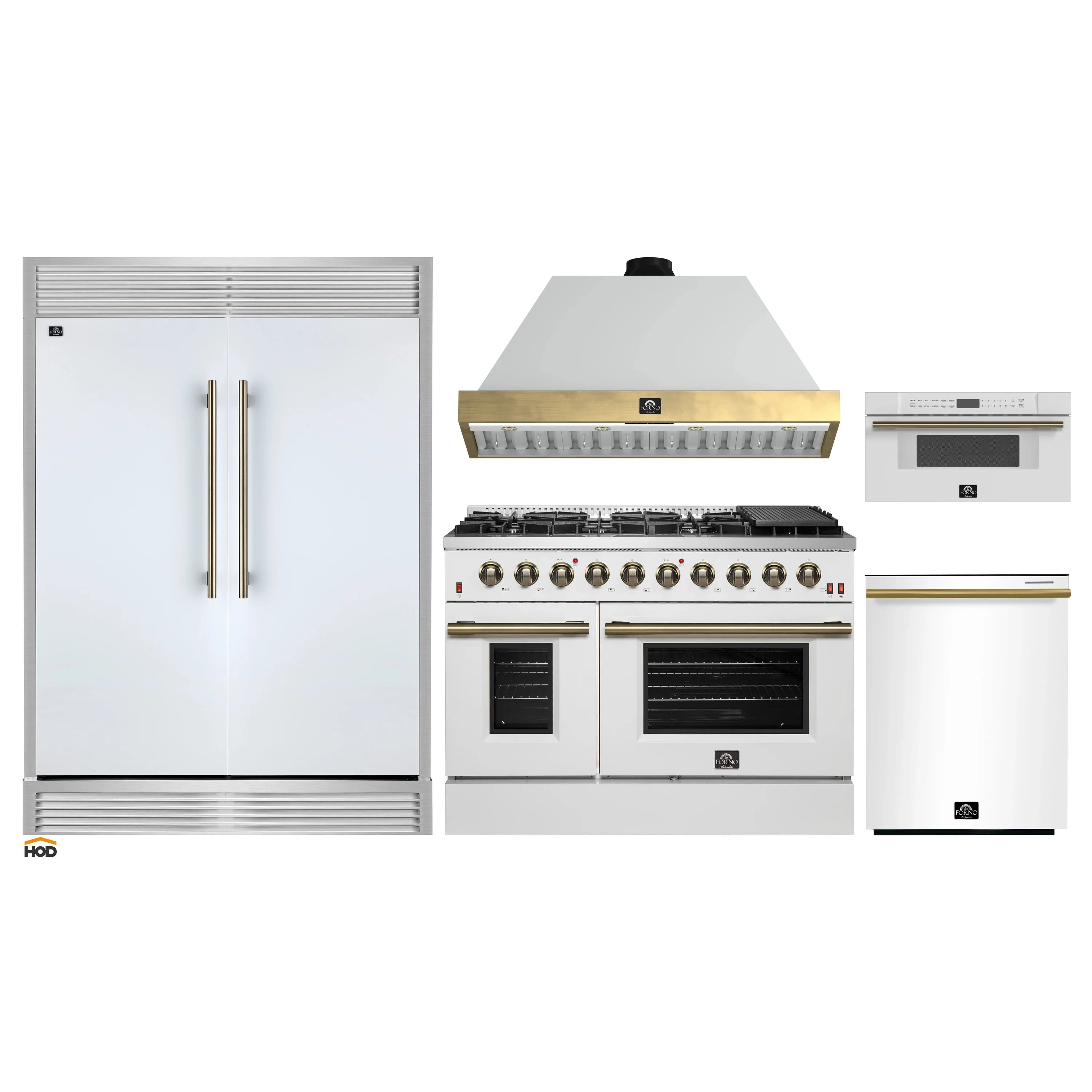 White kitchen appliance bundle showing white gas range with antique brass knobs and handles