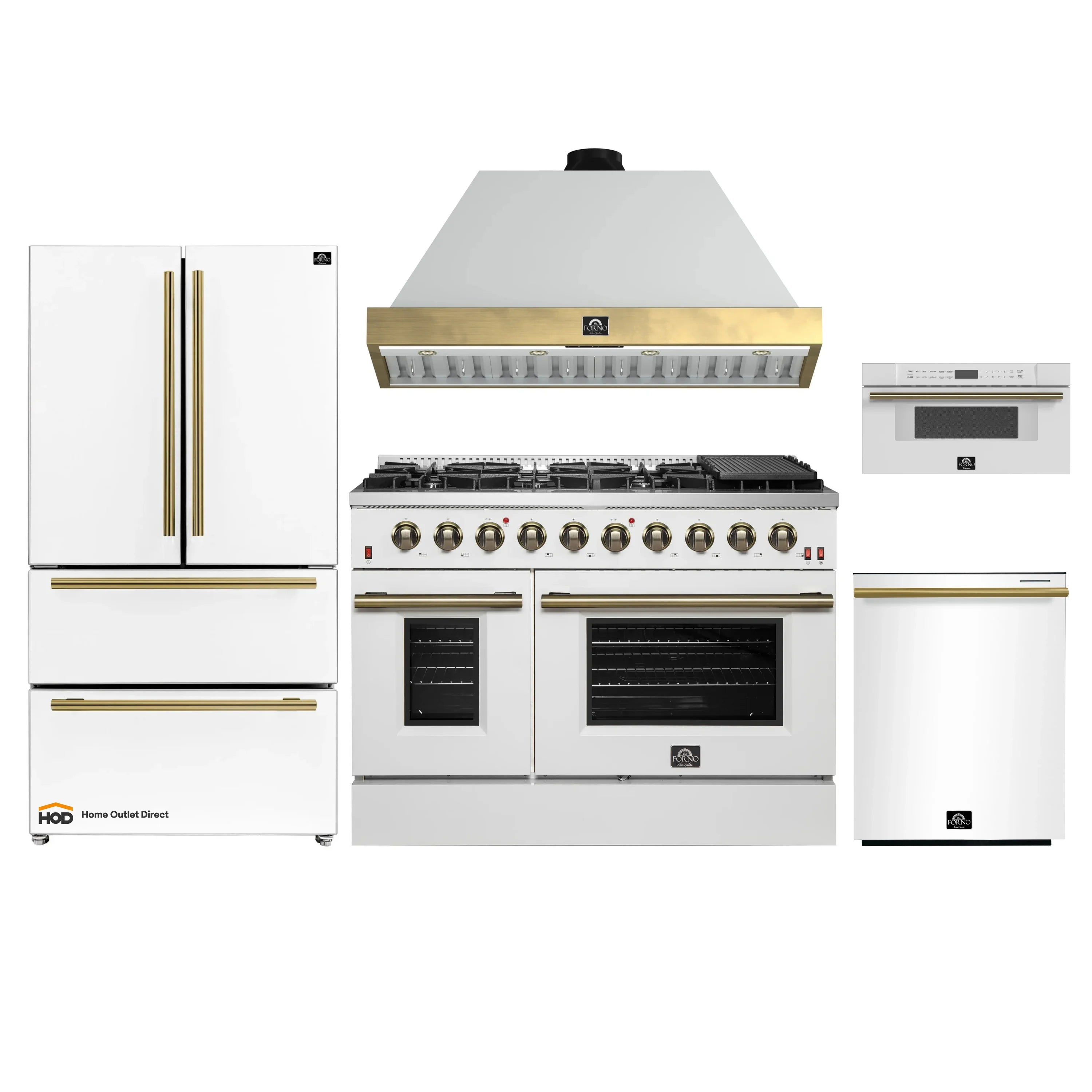 White 5-piece appliance package with antique brass trim: refrigerator, hood, range, and dishwasher