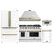 Forno Galiano 5-Piece Appliance Package - 48-Inch Gas Range, 48-Inch Hood, 36-Inch Refrigerator, 24-Inch Dishwasher, & 30-Inch Microwave Drawer in White with Antique Brass Trim