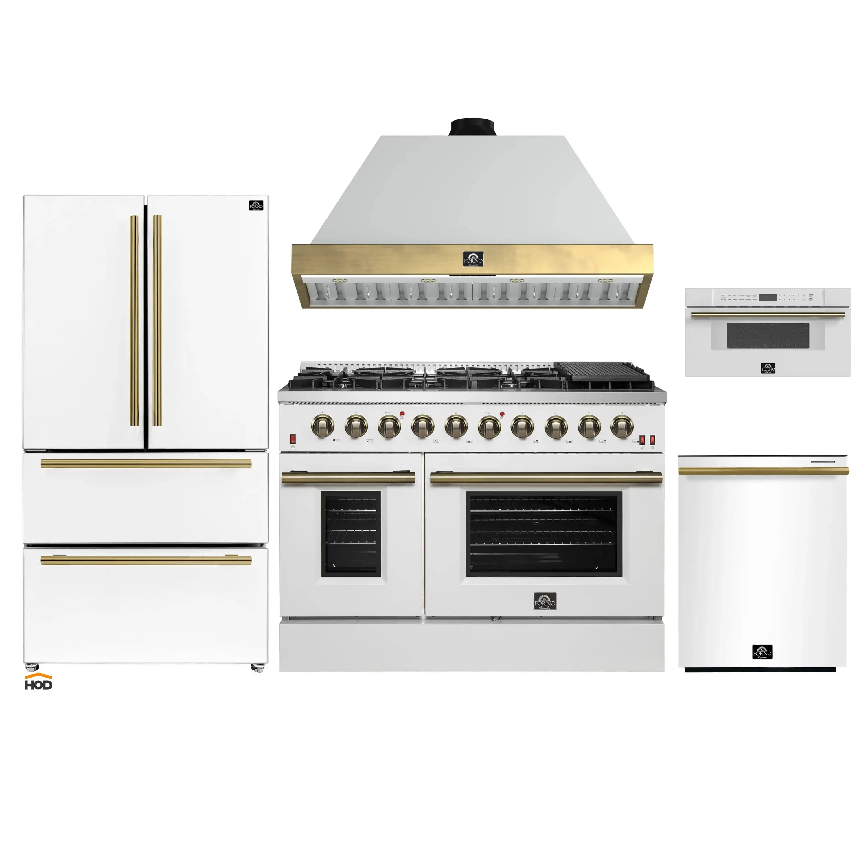 White 5-piece appliance package with antique brass trim: range with hood, refrigerator, dishwasher, and microwave drawer