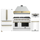 Forno Galiano 5-Piece Appliance Package - 48-Inch Gas Range, 48-Inch Hood, 36-Inch Refrigerator, 24-Inch Dishwasher, & 30-Inch Microwave Drawer in White with Antique Brass Trim