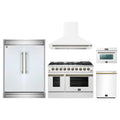 Forno 5-Piece Appliance Package - 48-Inch Galiano Gas Range, Wall Mount Range Hood, 60-Inch Refrigerator, Dishwasher, & 24-Inch Microwave Oven in White with Antique Brass Trim