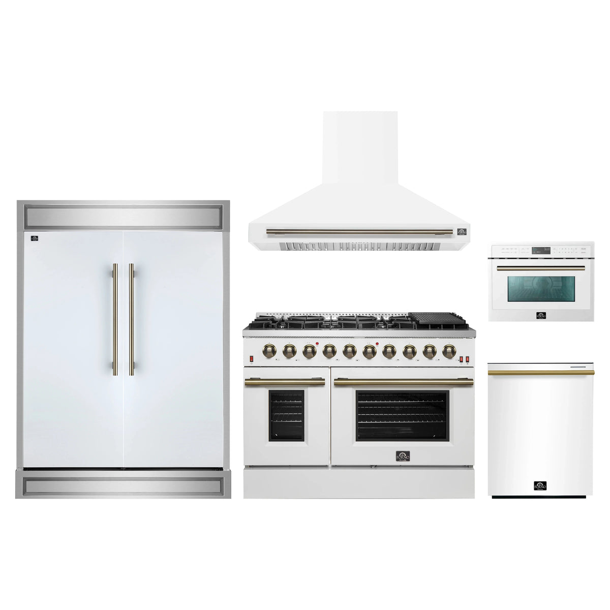 Forno 5-Piece Appliance Package - 48-Inch Gas Range, Wall Mount Range Hood, 60-Inch Refrigerator, Dishwasher, & 24-Inch Microwave Oven in White with Antique Brass Trim