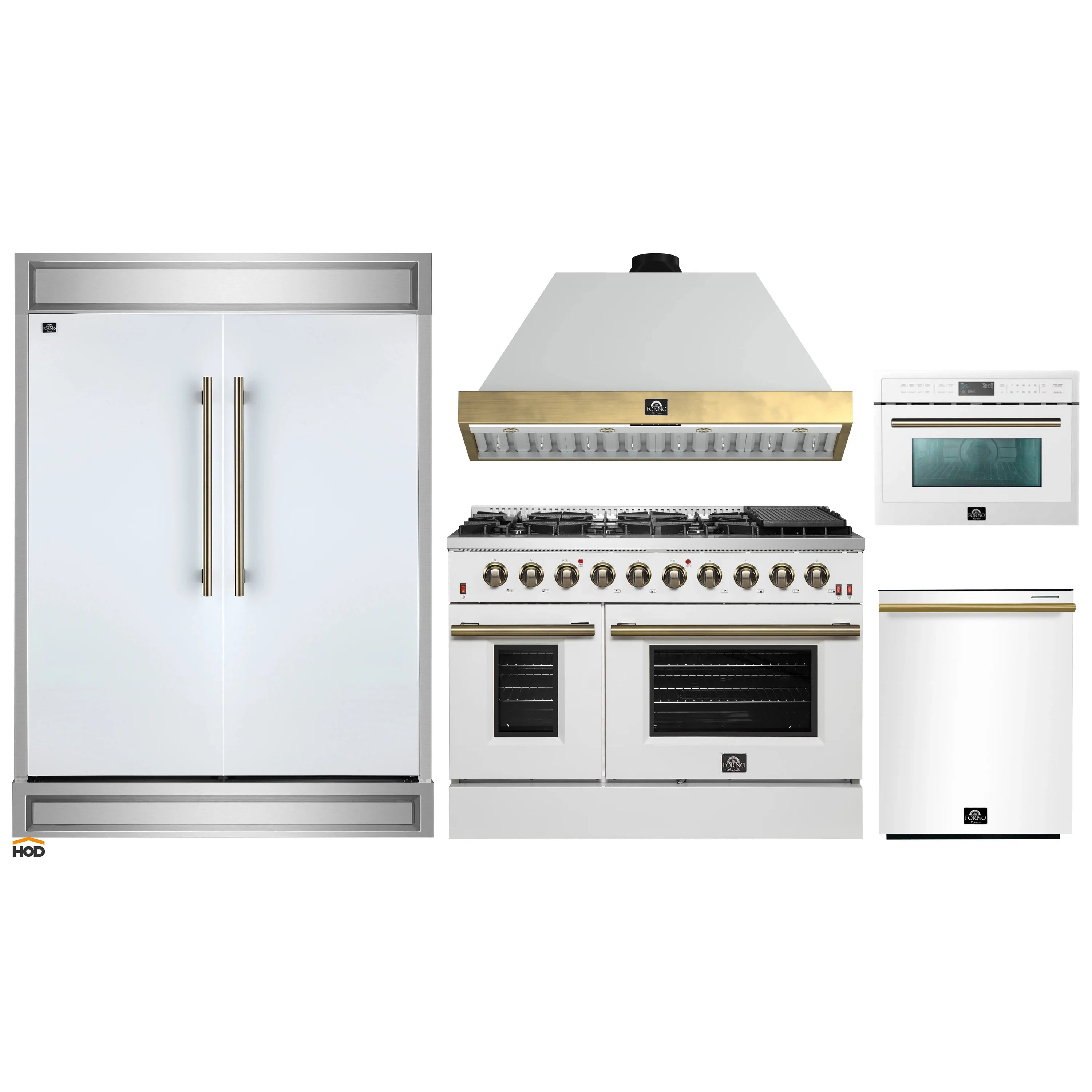 White appliance set: refrigerator, gas range with hood, dishwasher and microwave