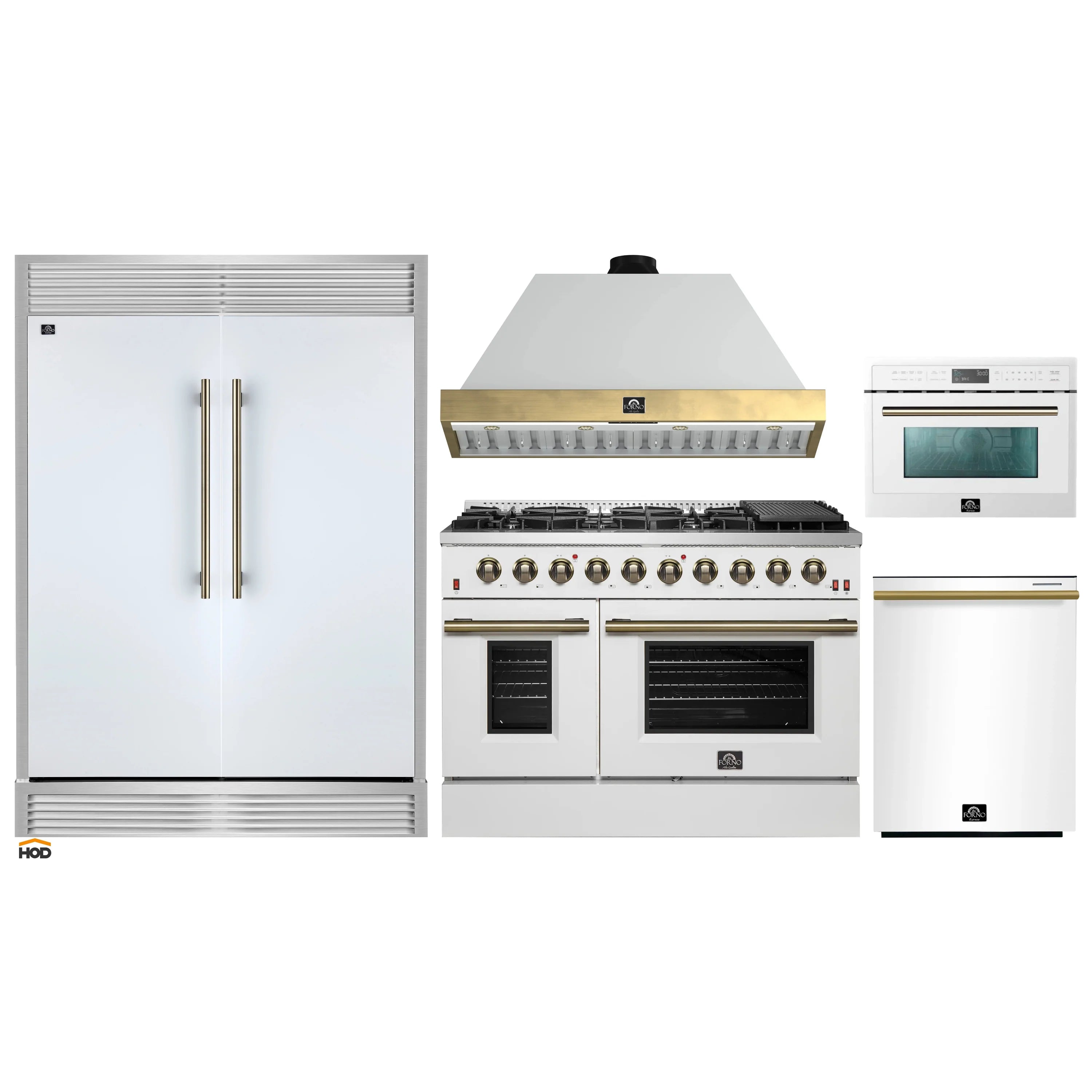 White appliance package with refrigerator, gas range, and built-in oven