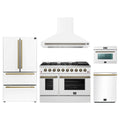 Forno Galiano 5-Piece Appliance Package - 48-Inch Gas Range, 48-Inch Hood, 36-Inch Refrigerator, 24-Inch Dishwasher, & 24-Inch Microwave Oven in White with Antique Brass Trim