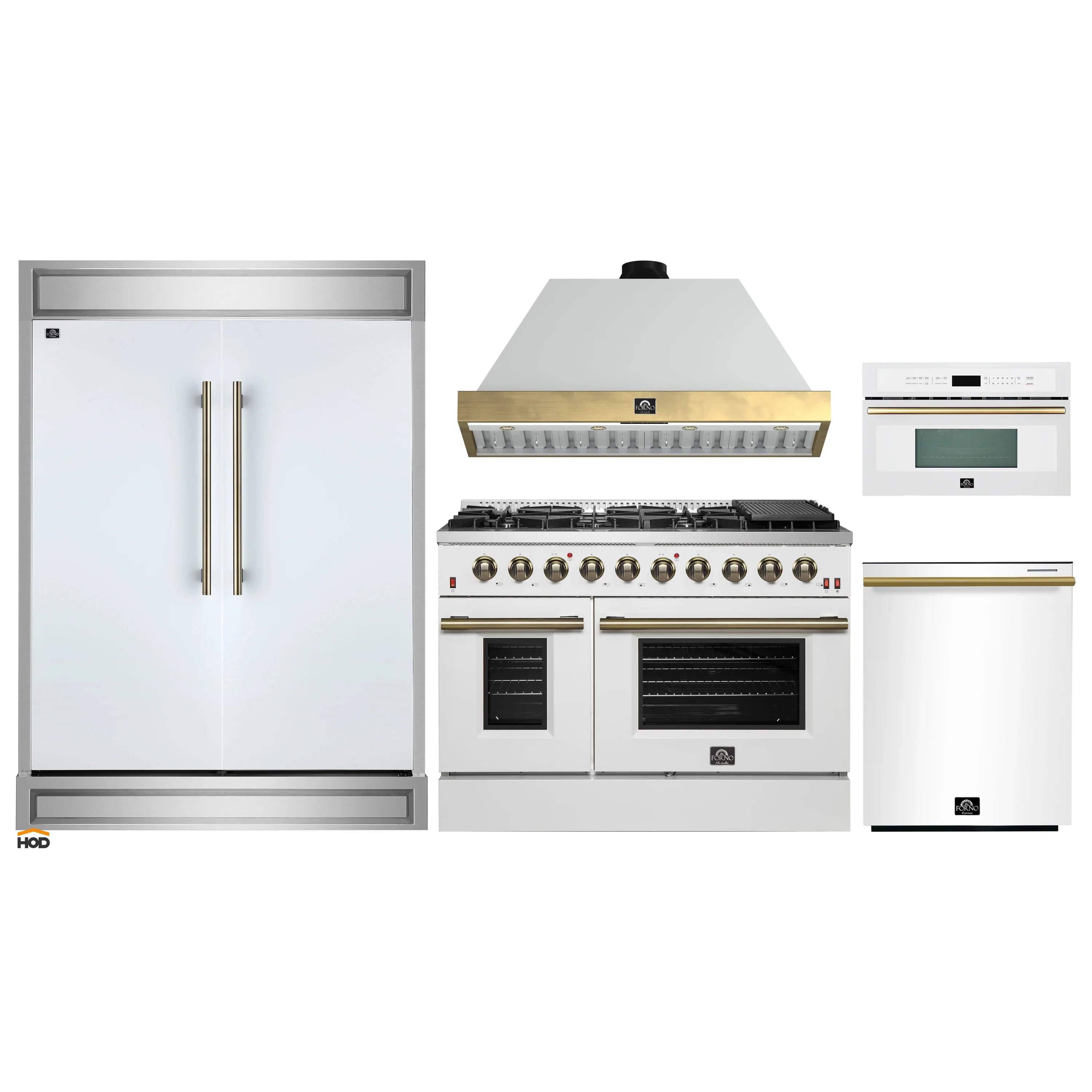 White appliance package with refrigerator, gas range, wall hood, microwave, and dishwasher