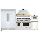 Forno 5-Piece Appliance Package - 48-Inch Galiano Gas Range, Wall Mount Range Hood, 60-Inch Refrigerator, Dishwasher, & 30-Inch Microwave Oven in White with Antique Brass Handle
