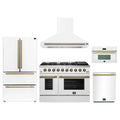 Forno Galiano 5-Piece Appliance Package - 48-Inch Gas Range, 48-Inch Hood, 36-Inch Refrigerator, 24-Inch Dishwasher, & 30-Inch Microwave Oven in White with Antique Brass Trim