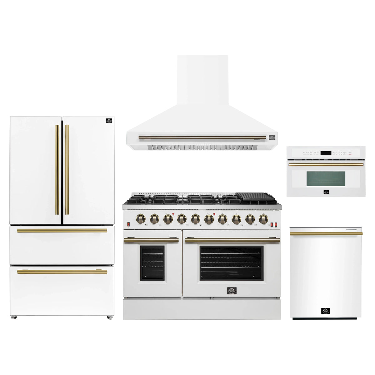 Forno Galiano 5-Piece Appliance Package - 48-Inch Gas Range, 48-Inch Hood, 36-Inch Refrigerator, 24-Inch Dishwasher, & 30-Inch Microwave Oven in White with Antique Brass Trim