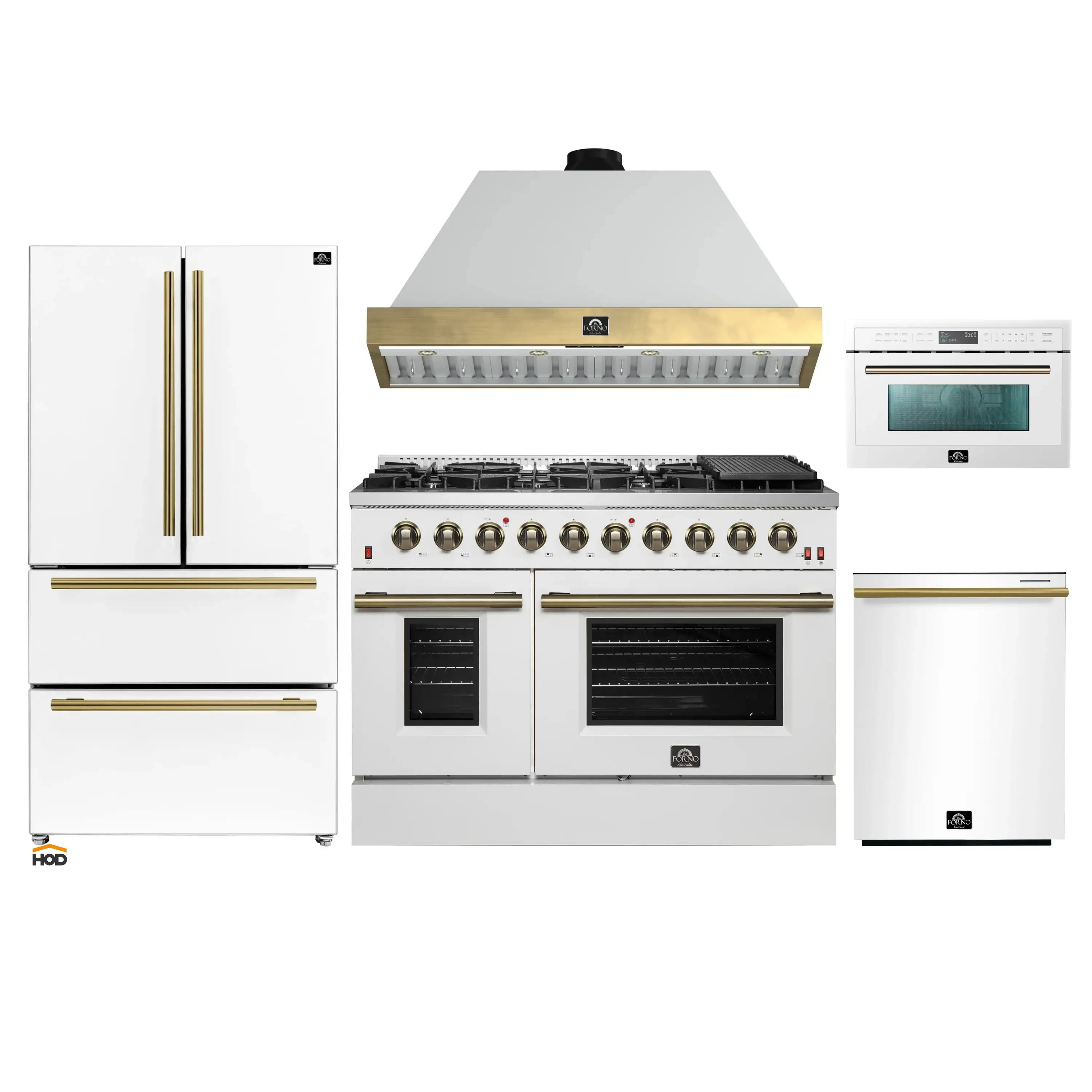 Forno Galiano 5-piece kitchen appliance package in white with brass trim